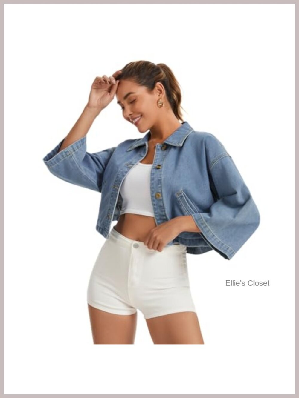 Womens 3/4 Sleeve Denim Jacket Button Down Casual Cropped Shacket Loose Fit